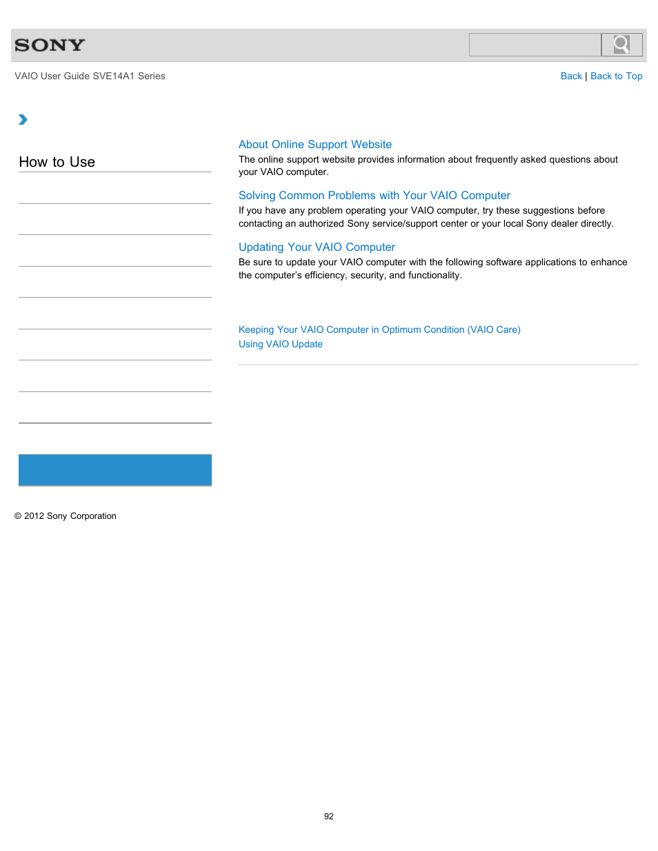 Service and support, How to use | Sony SVE14A1HFXBC User Manual | Page 92 / 373