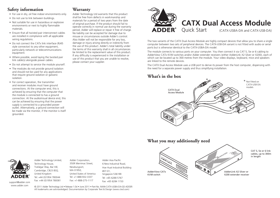 Adder Technology CATX-USB-DA User Manual | 2 pages