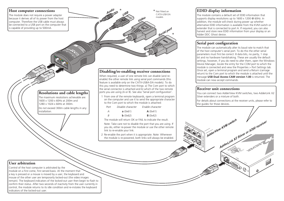 Resolutions and cable lengths, Host computer connections, Receiver unit connections | Disabling/re-enabling receiver connections, Edid display information, User arbitration, Serial port configuration | Adder Technology CATX-USB-DA User Manual | Page 2 / 2