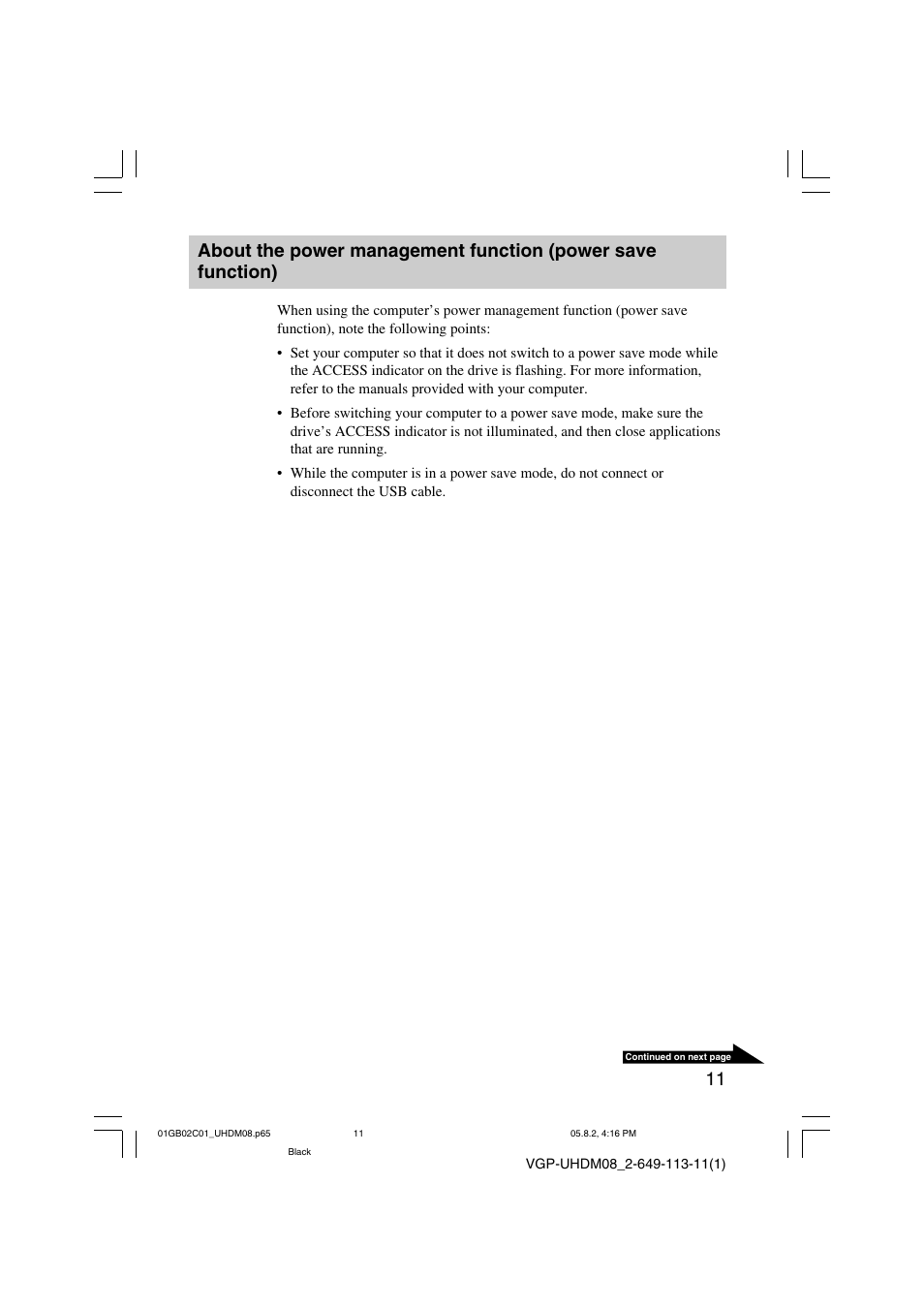 About the power management function (power save | Sony VGP-UHDM08 User Manual | Page 11 / 27