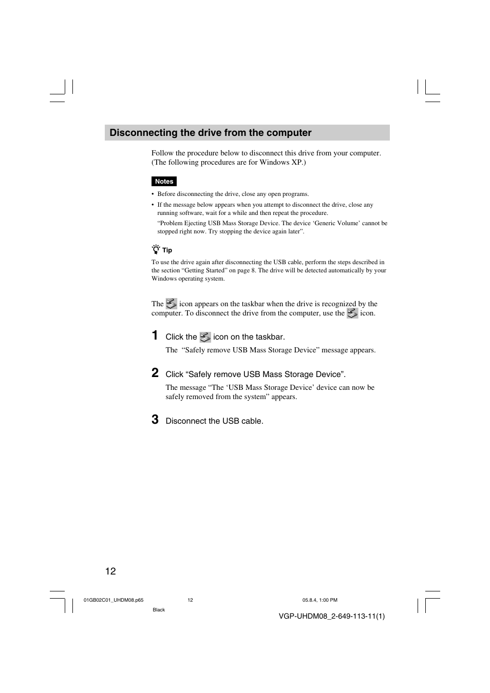 Disconnecting the drive from the computer | Sony VGP-UHDM08 User Manual | Page 12 / 27