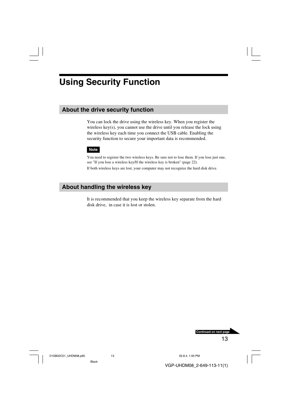 Using security function, About the drive security function, About handling the wireless key | Sony VGP-UHDM08 User Manual | Page 13 / 27