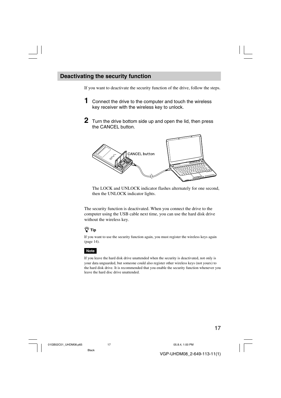 Deactivating the security function | Sony VGP-UHDM08 User Manual | Page 17 / 27