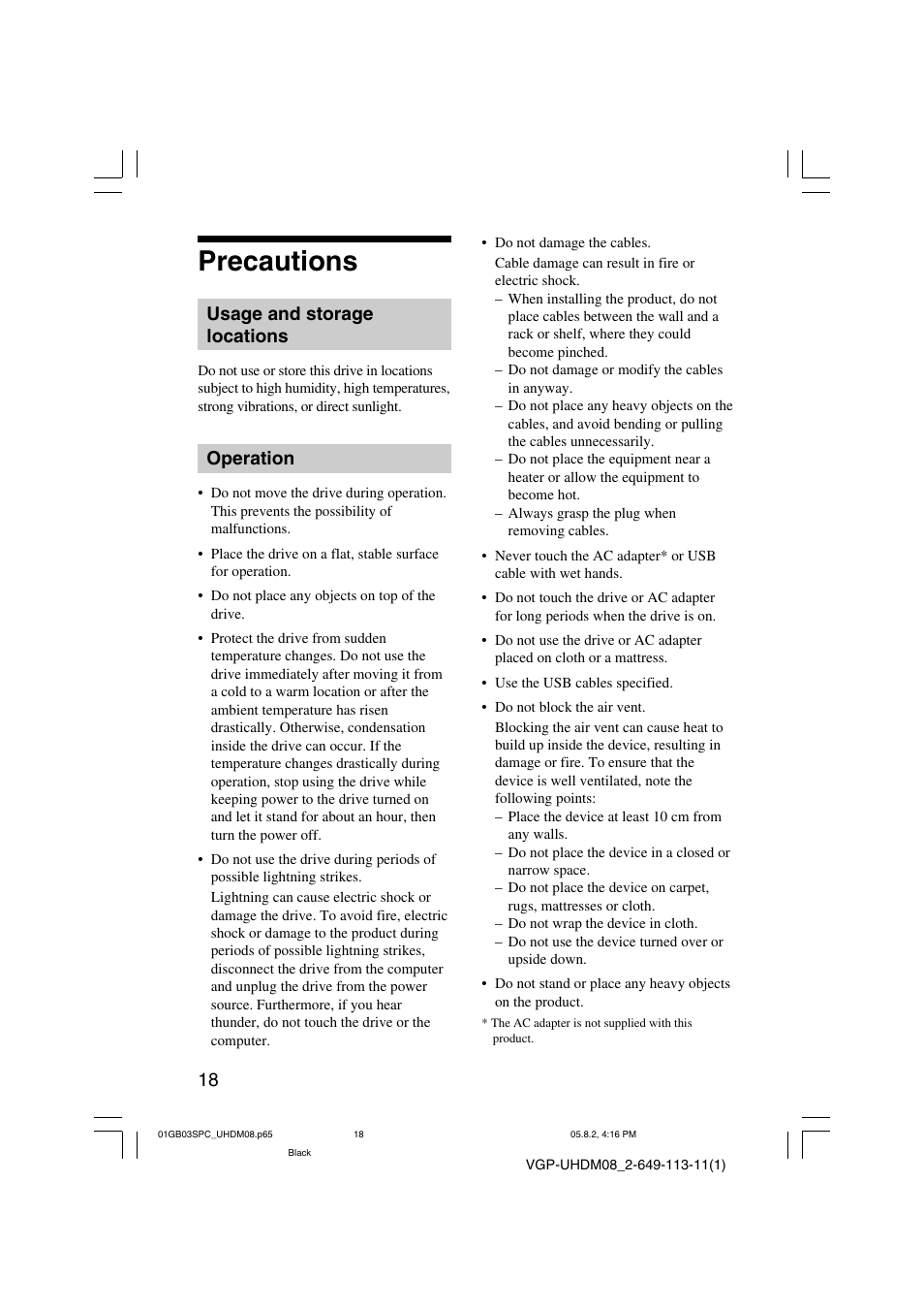 Precautions, Usage and storage, Operation | Usage and storage locations | Sony VGP-UHDM08 User Manual | Page 18 / 27