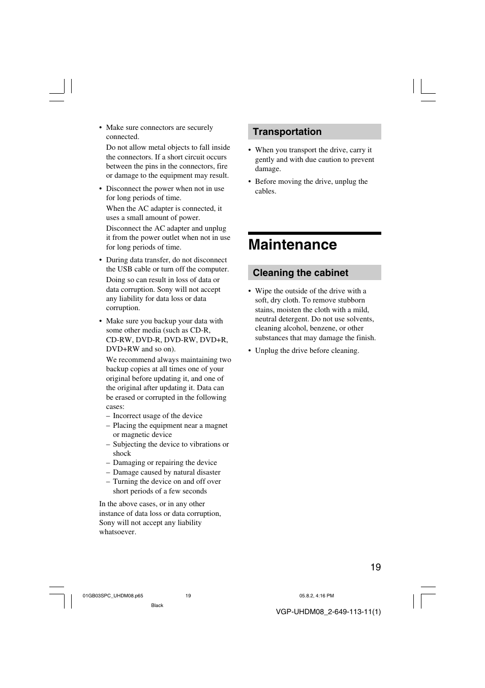 Transportation, Maintenance, Cleaning the cabinet | Sony VGP-UHDM08 User Manual | Page 19 / 27