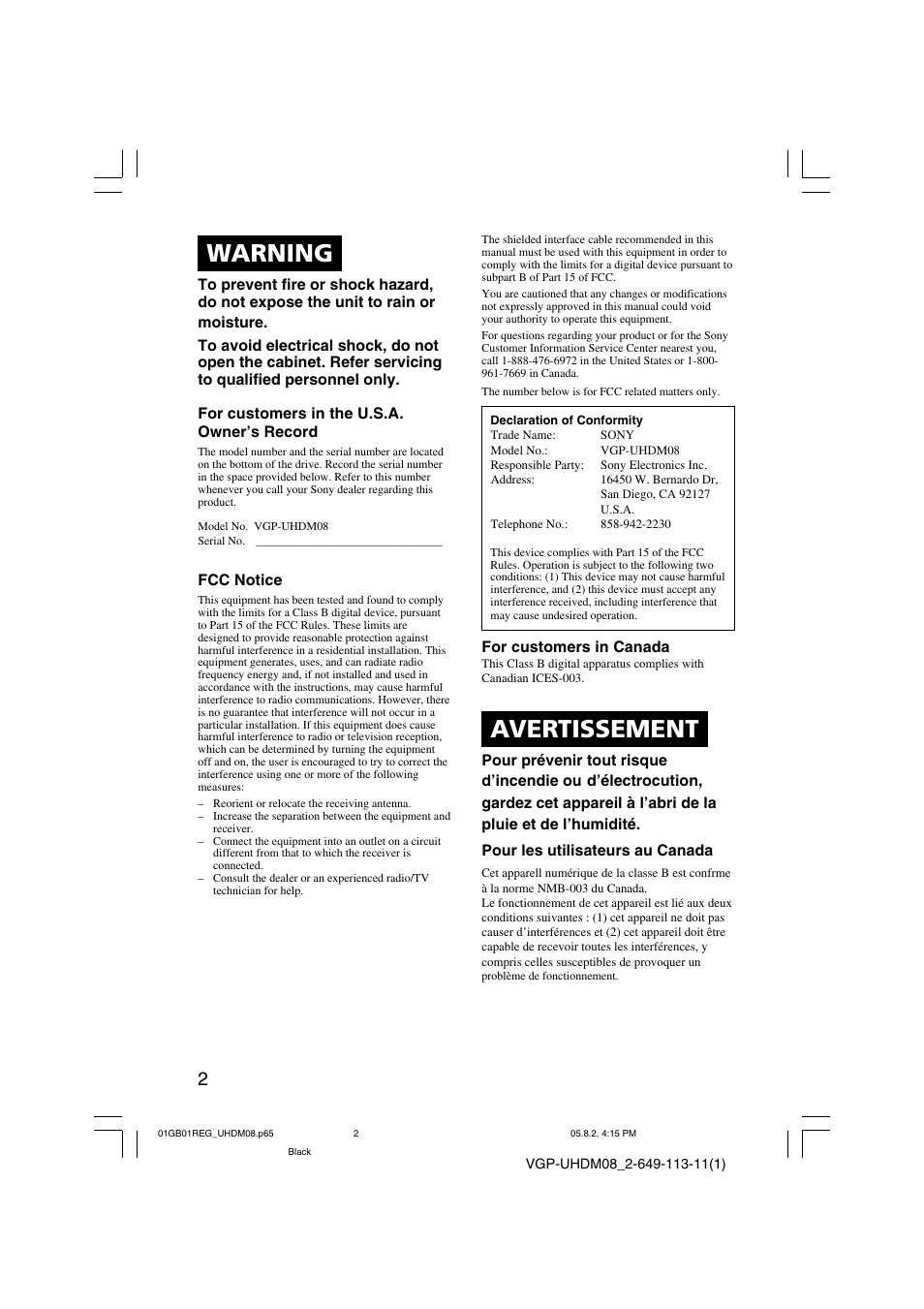 Warning, Avertissement | Sony VGP-UHDM08 User Manual | Page 2 / 27