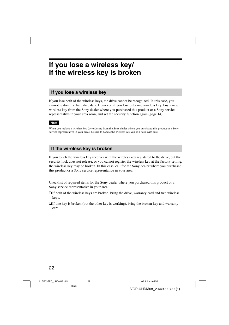 If you lose a wireless key, If the wireless key is broken | Sony VGP-UHDM08 User Manual | Page 22 / 27