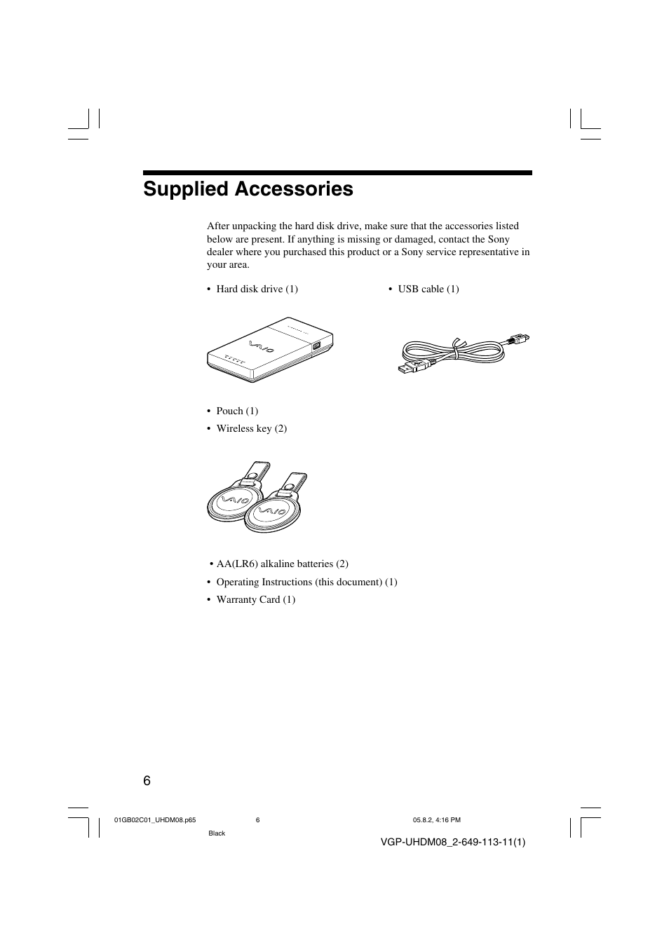 Supplied accessories | Sony VGP-UHDM08 User Manual | Page 6 / 27