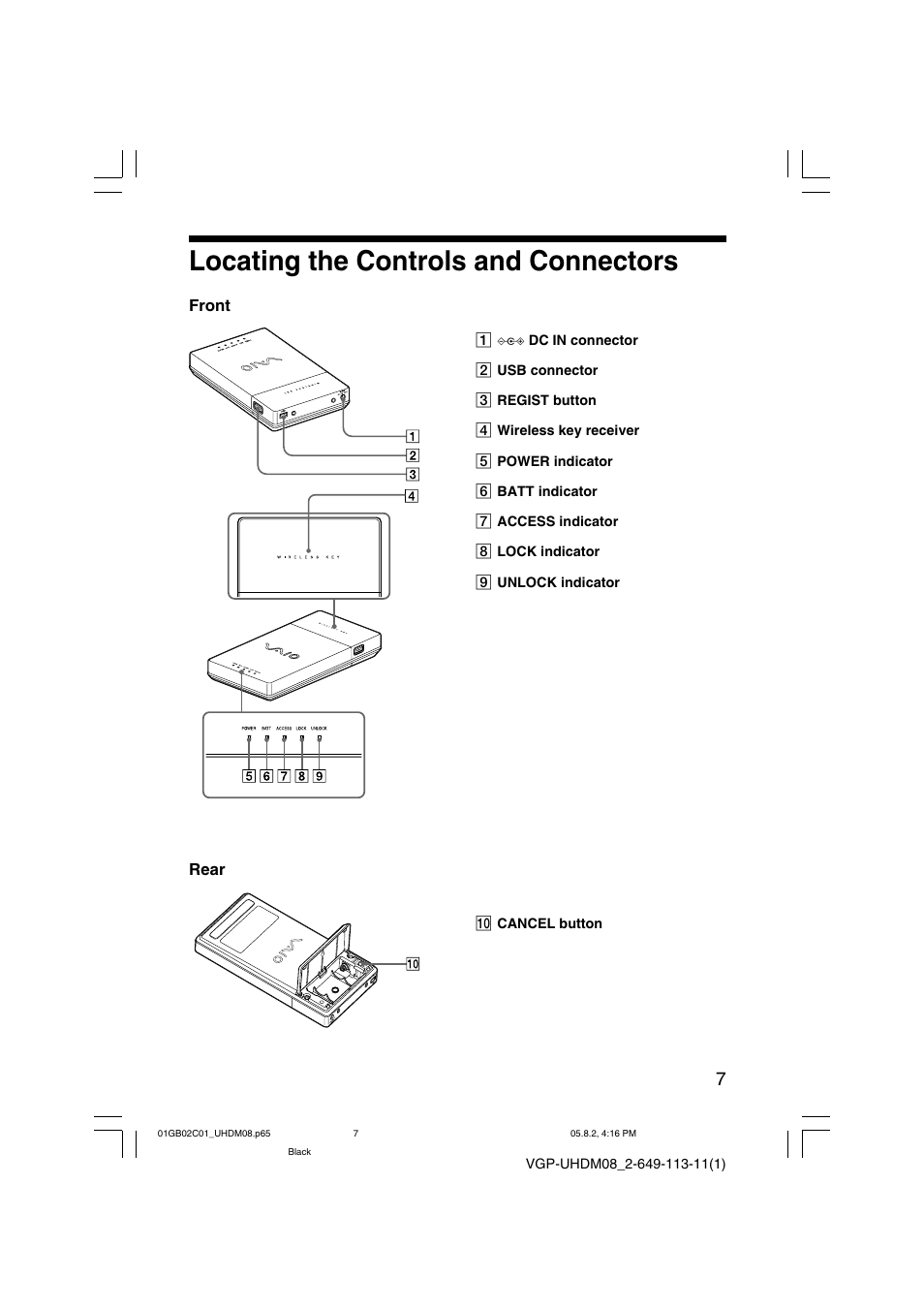 Locating the controls and connectors | Sony VGP-UHDM08 User Manual | Page 7 / 27