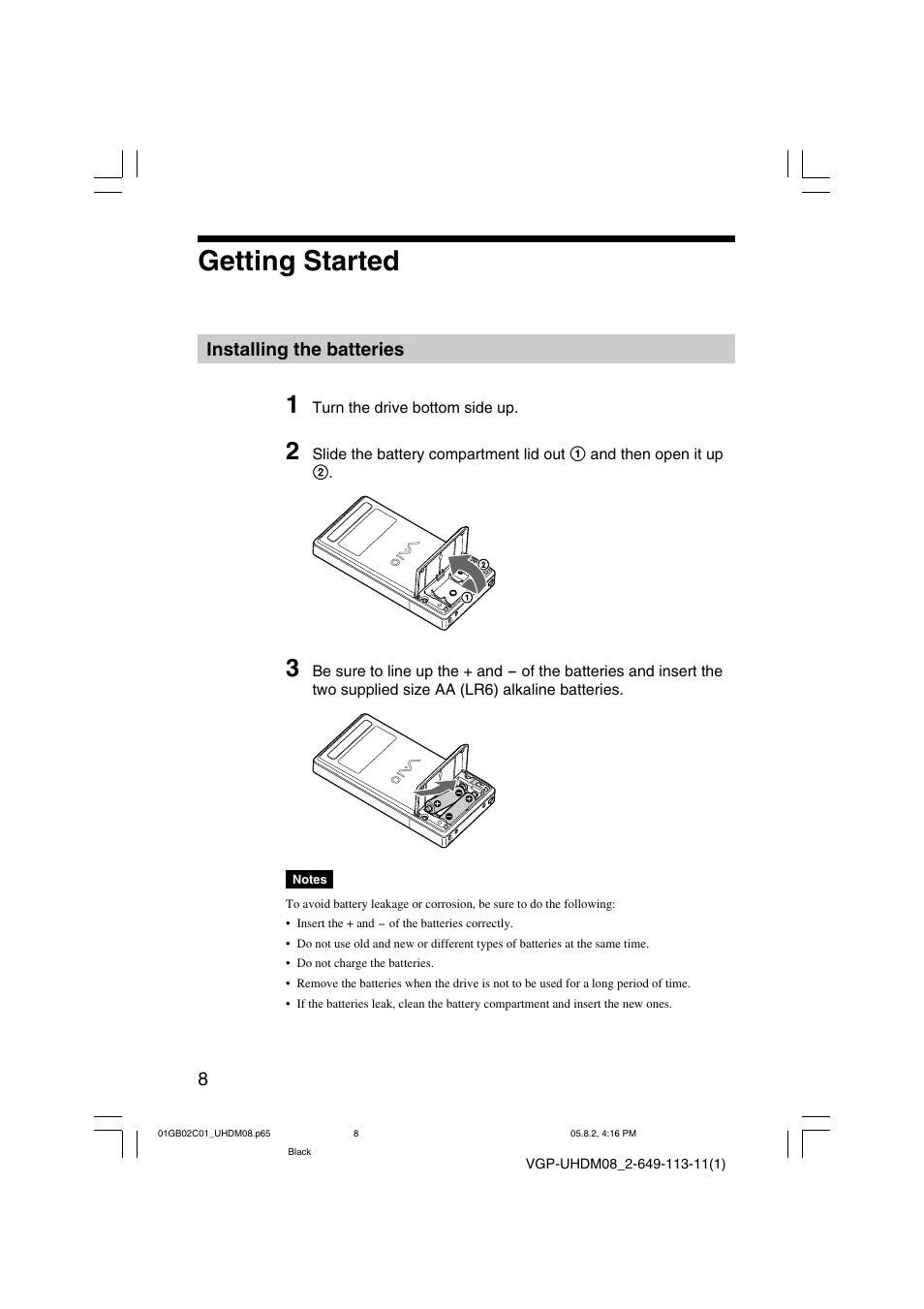 Getting started, Installing the batteries | Sony VGP-UHDM08 User Manual | Page 8 / 27