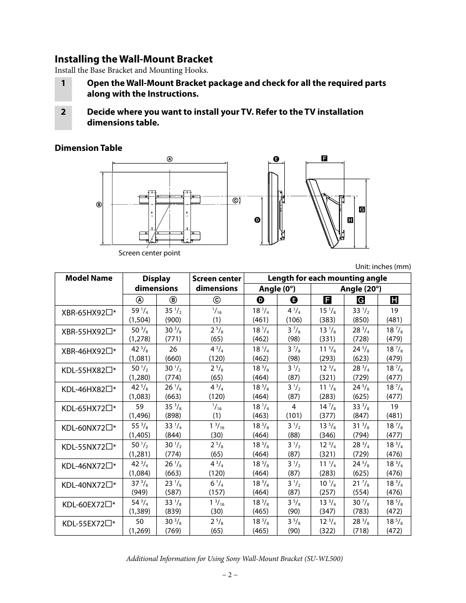 Installing the wall-mount bracket, Install the base bracket and mounting hooks, Xbr-65hx92 | Xbr-55hx92, Xbr-46hx92, Kdl-55hx82, Kdl-46hx82, Kdl-65hx72, Kdl-60nx72, Kdl-55nx72 | Sony KDL-46HX820 User Manual | Page 2 / 8