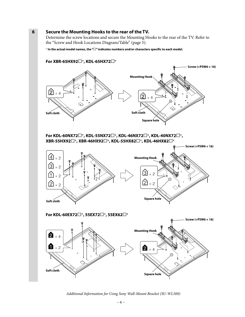6secure the mounting hooks to the rear of the tv | Sony KDL-46HX820 User Manual | Page 6 / 8