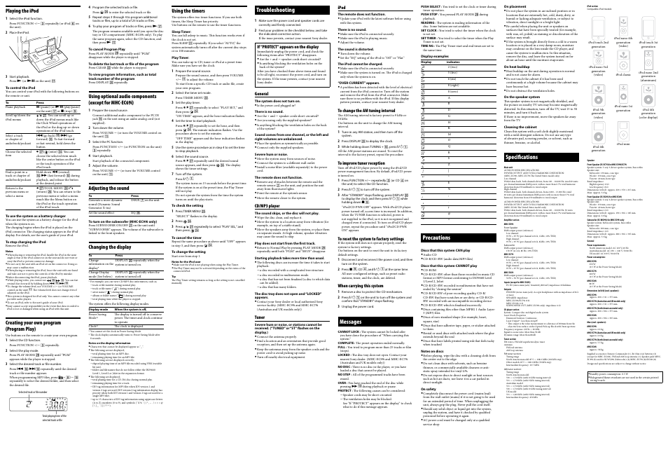 Messages, Precautions, Specifications | Troubleshooting | Sony MHC-EC69i User Manual | Page 2 / 2