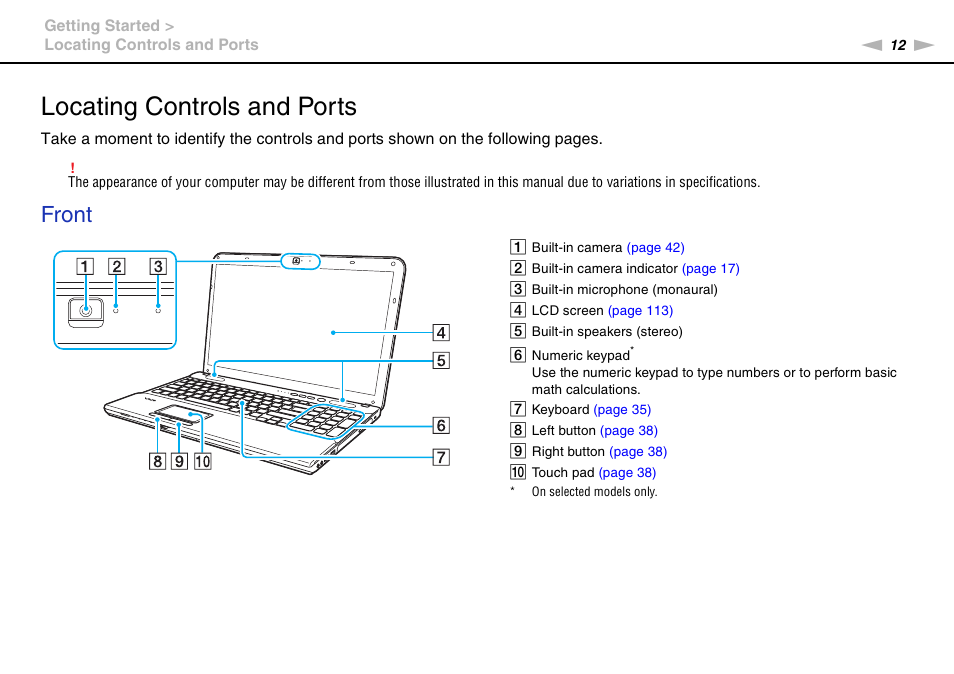 Locating controls and ports, Front | Sony VPCCB2SFX User Manual | Page 12 / 168