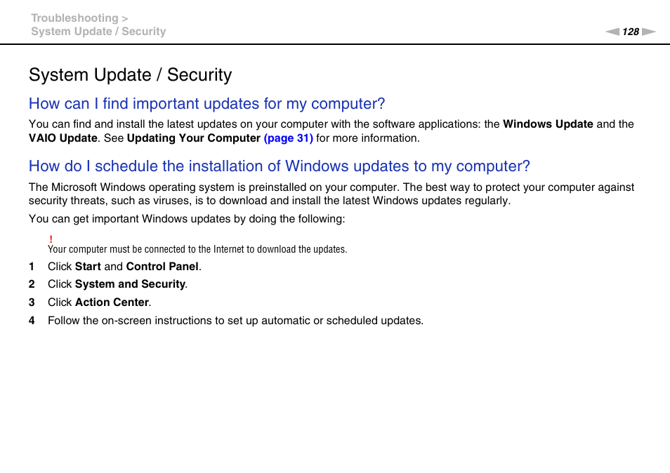 System update / security, How can i find important updates for my computer | Sony VPCCB2SFX User Manual | Page 128 / 168