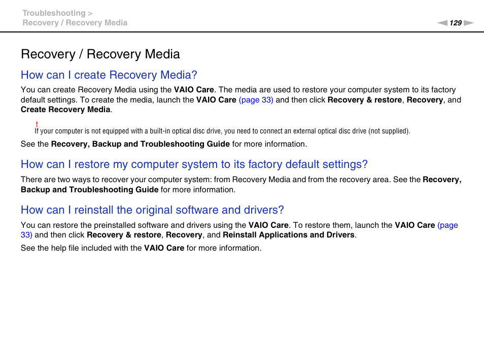 Recovery / recovery media, How can i create recovery media | Sony VPCCB2SFX User Manual | Page 129 / 168