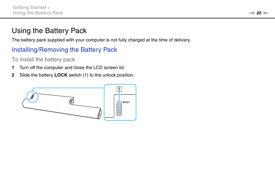 Using the battery pack, Installing/removing the battery pack | Sony VPCCB2SFX User Manual | Page 20 / 168