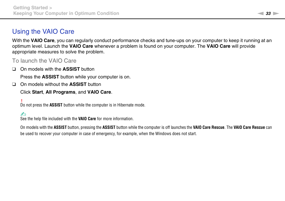 Using the vaio care | Sony VPCCB2SFX User Manual | Page 33 / 168