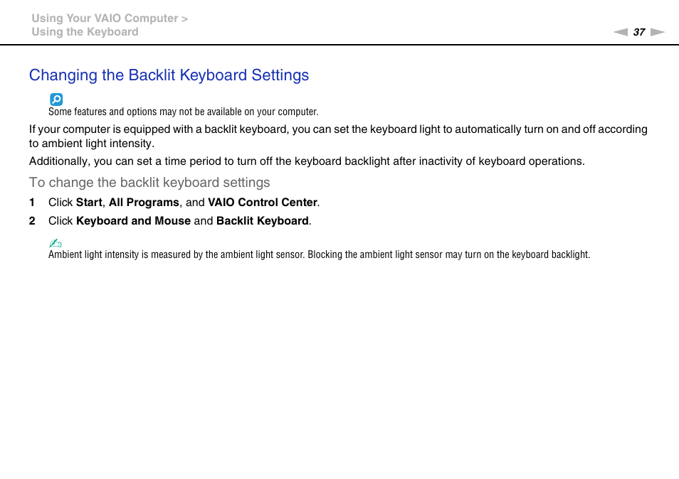 Changing the backlit keyboard settings | Sony VPCCB2SFX User Manual | Page 37 / 168