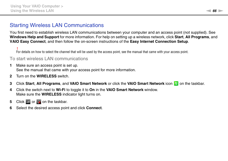 Starting wireless lan communications | Sony VPCCB2SFX User Manual | Page 66 / 168
