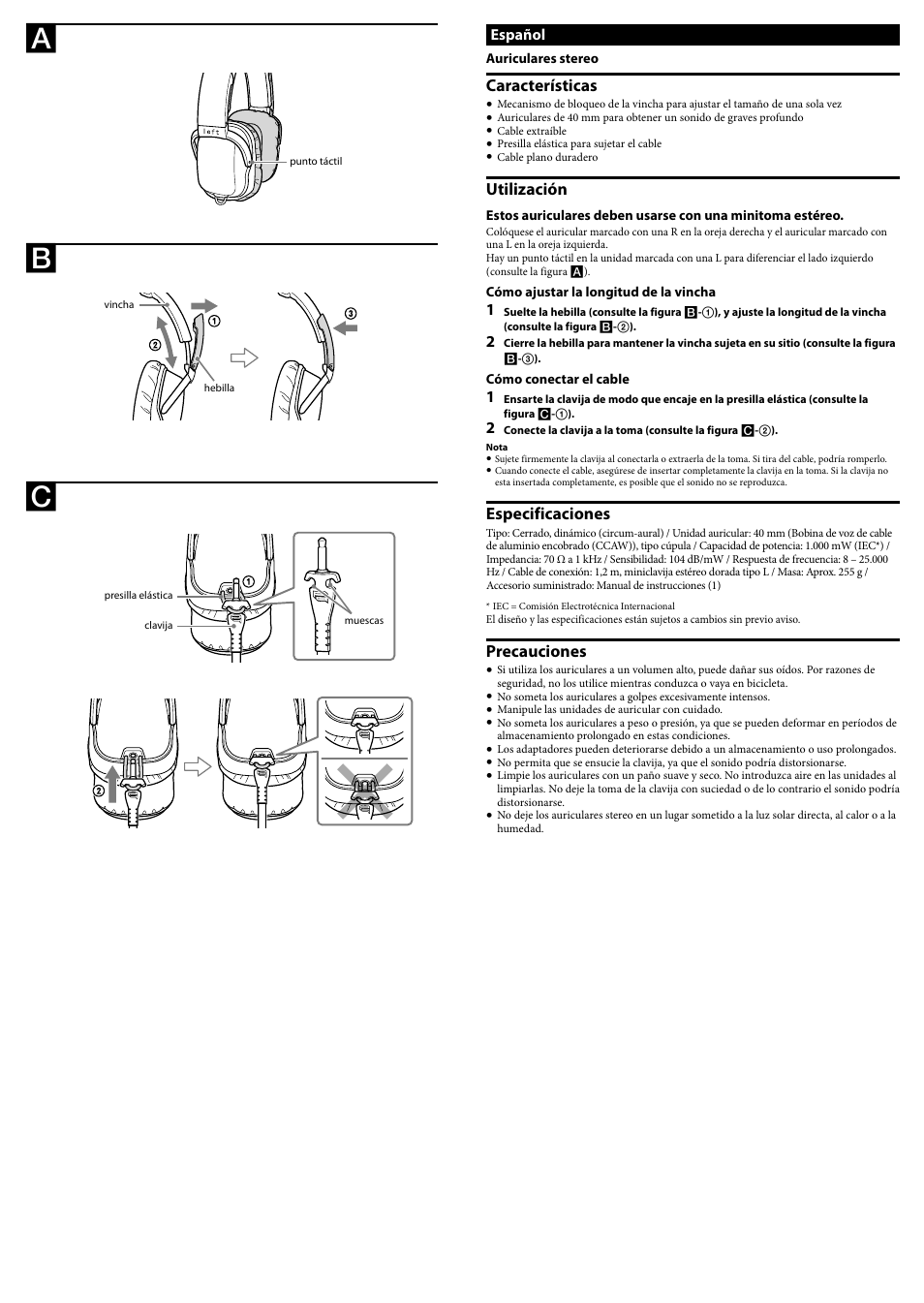 Características, Utilización, Especificaciones | Precauciones | Sony MDR-PQ1 User Manual | Page 2 / 2