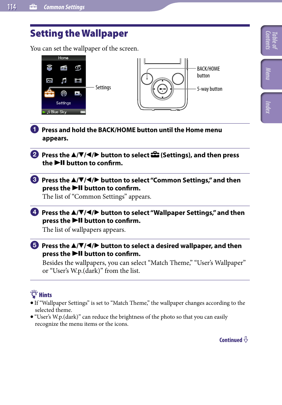 Setting the wallpaper, Wallpaper settings | Sony NWZ-S738FBNC User Manual | Page 114 / 166