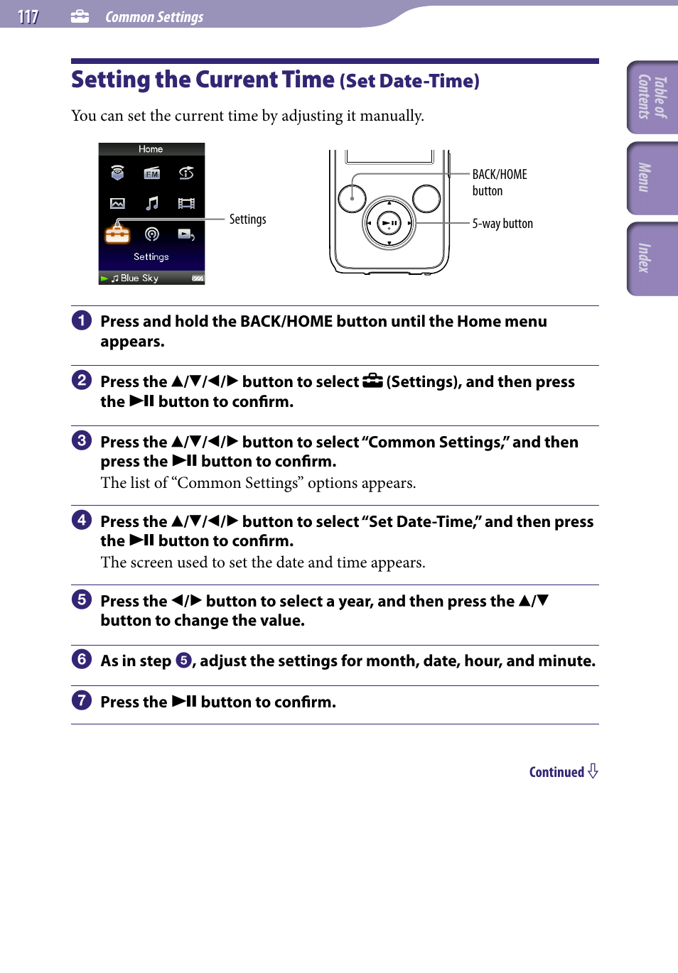 Setting the current time (set date-time), Setting the current time, Set date-time) | Set date-time | Sony NWZ-S738FBNC User Manual | Page 117 / 166