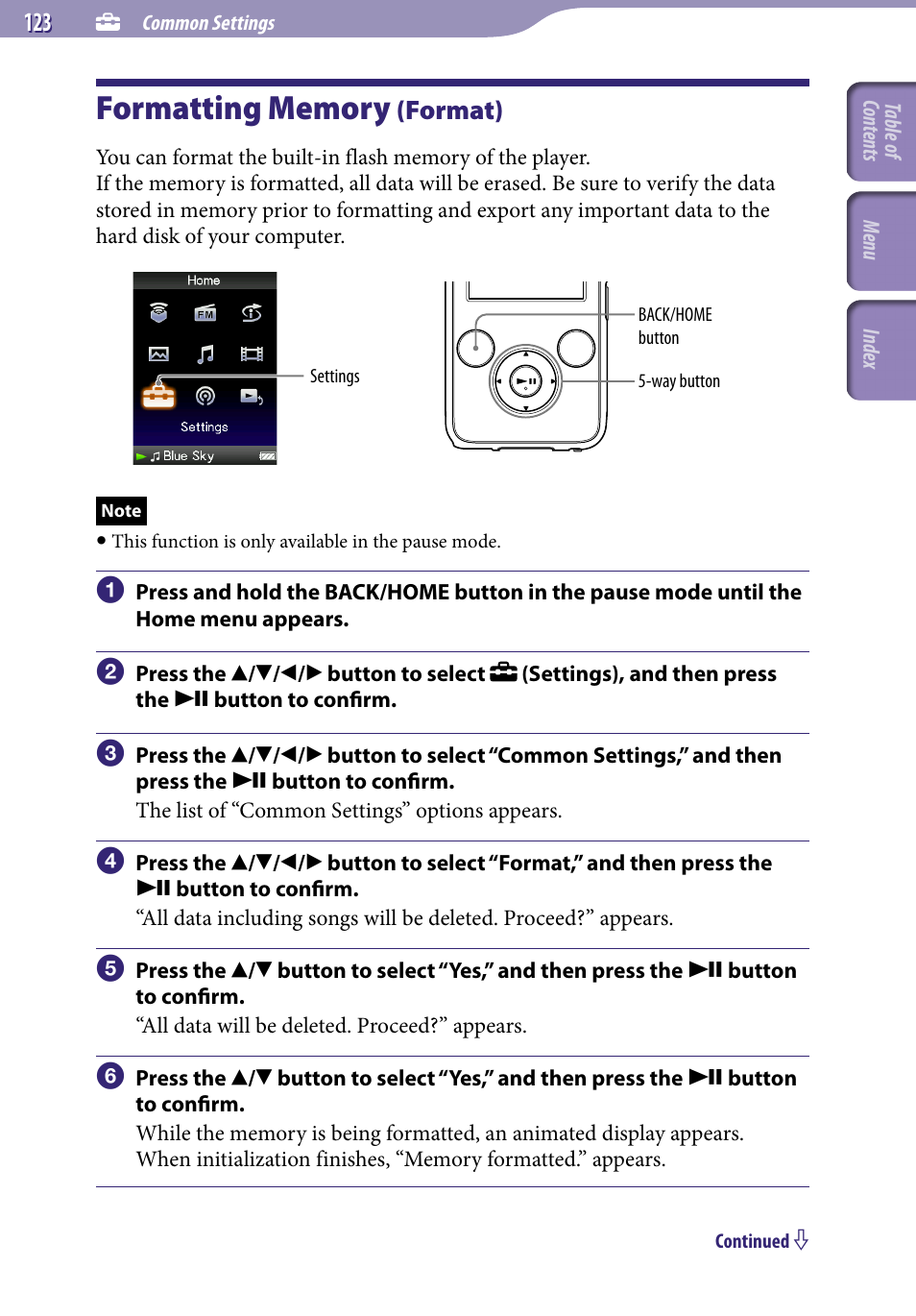 Formatting memory (format), Formatting memory, Format) | Format | Sony NWZ-S738FBNC User Manual | Page 123 / 166
