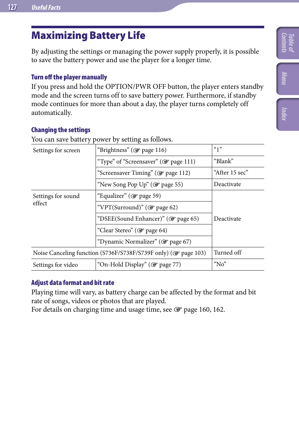 Useful facts, Maximizing battery life | Sony NWZ-S738FBNC User Manual | Page 127 / 166