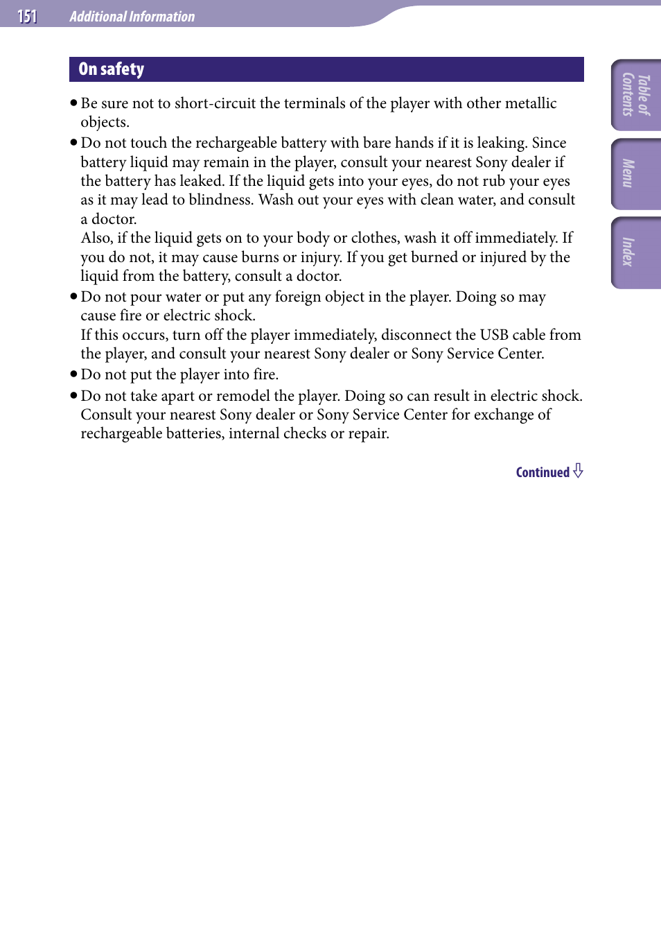 On safety | Sony NWZ-S738FBNC User Manual | Page 151 / 166