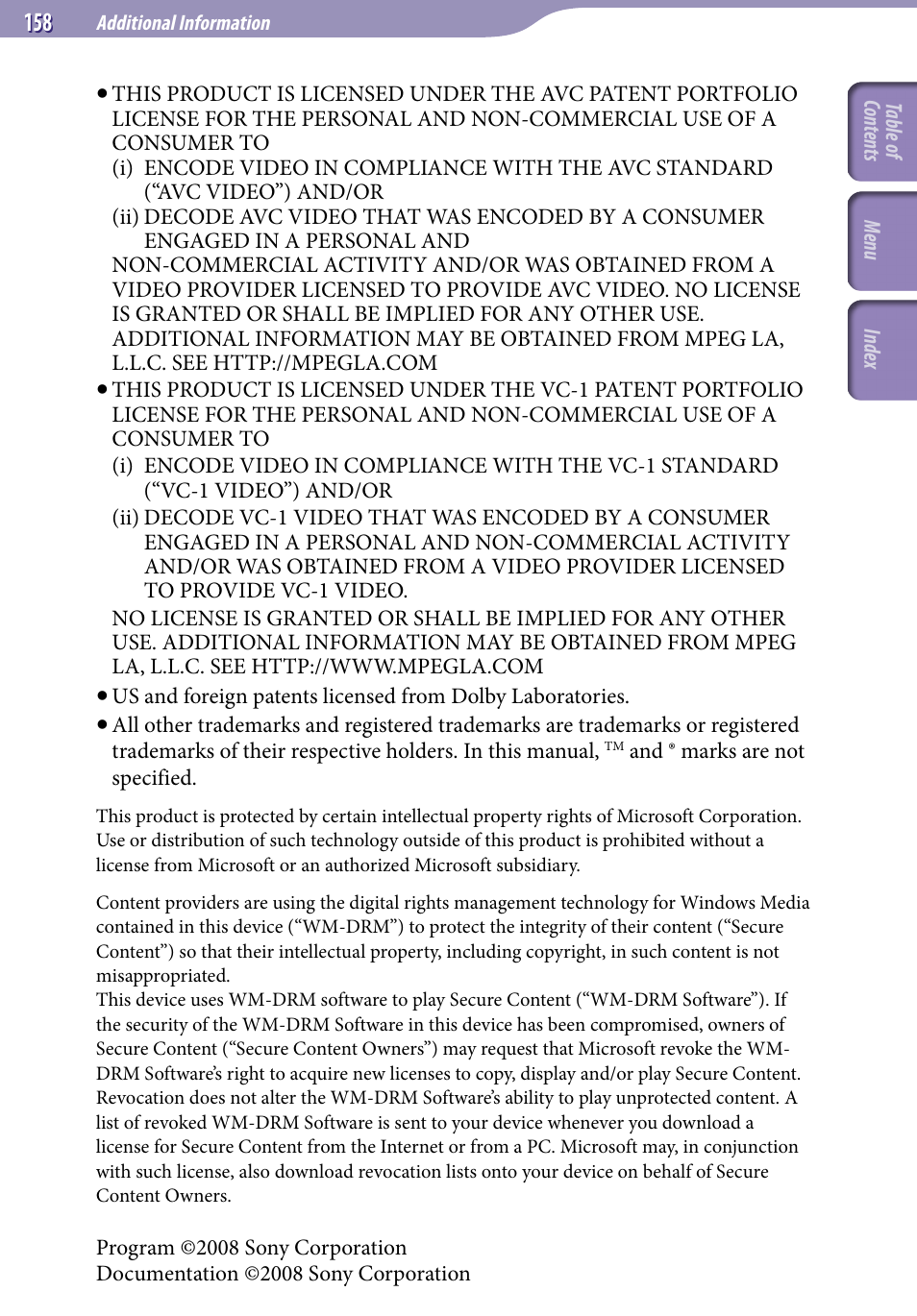 Sony NWZ-S738FBNC User Manual | Page 158 / 166