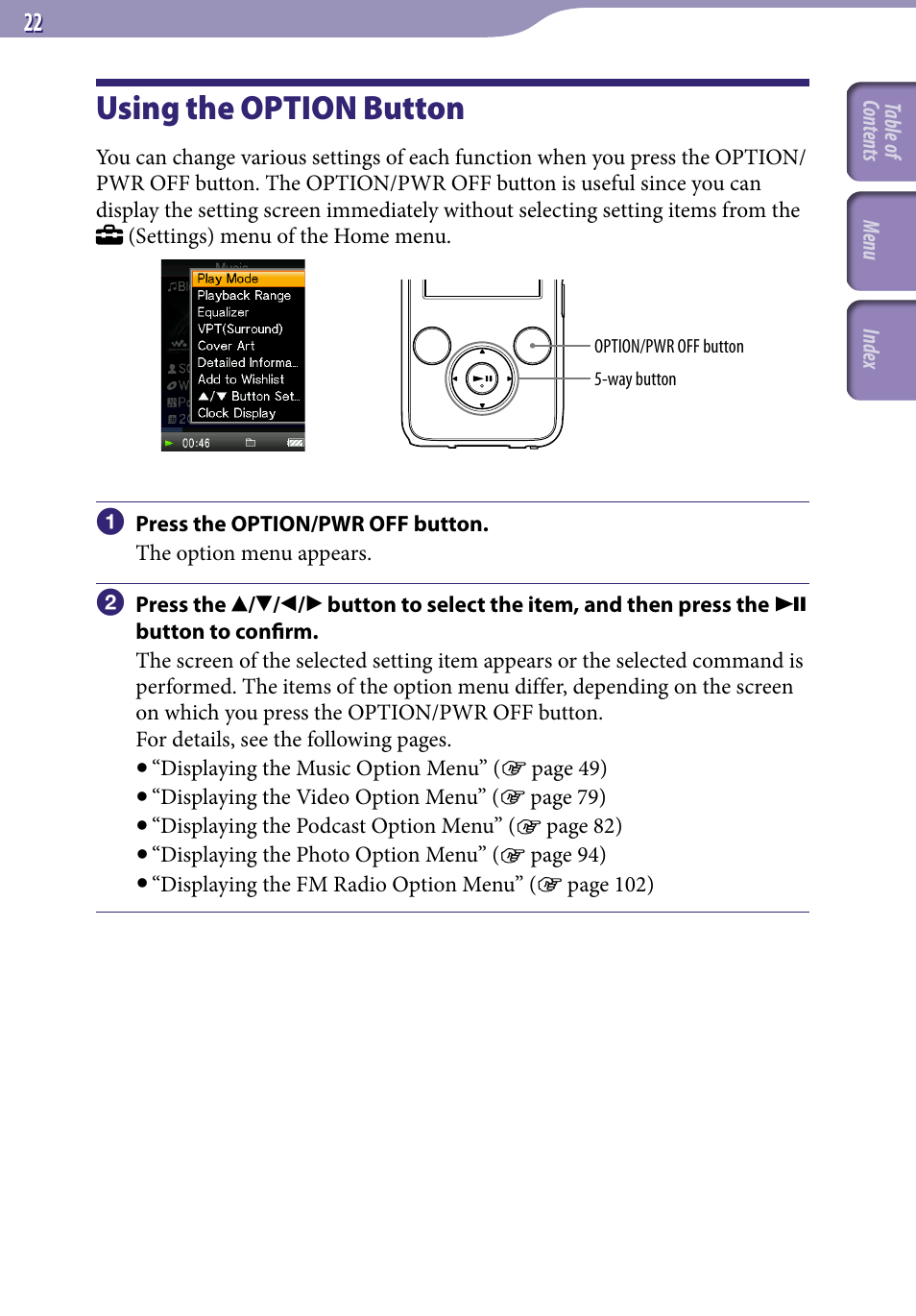 Using the option button | Sony NWZ-S738FBNC User Manual | Page 22 / 166