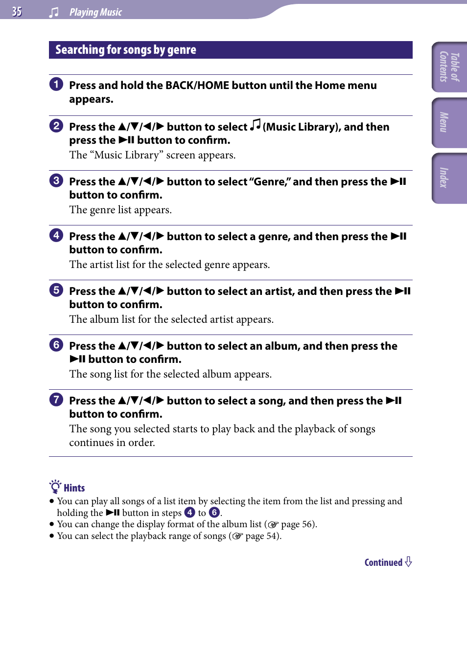 Searching for songs by genre, Genre | Sony NWZ-S738FBNC User Manual | Page 35 / 166