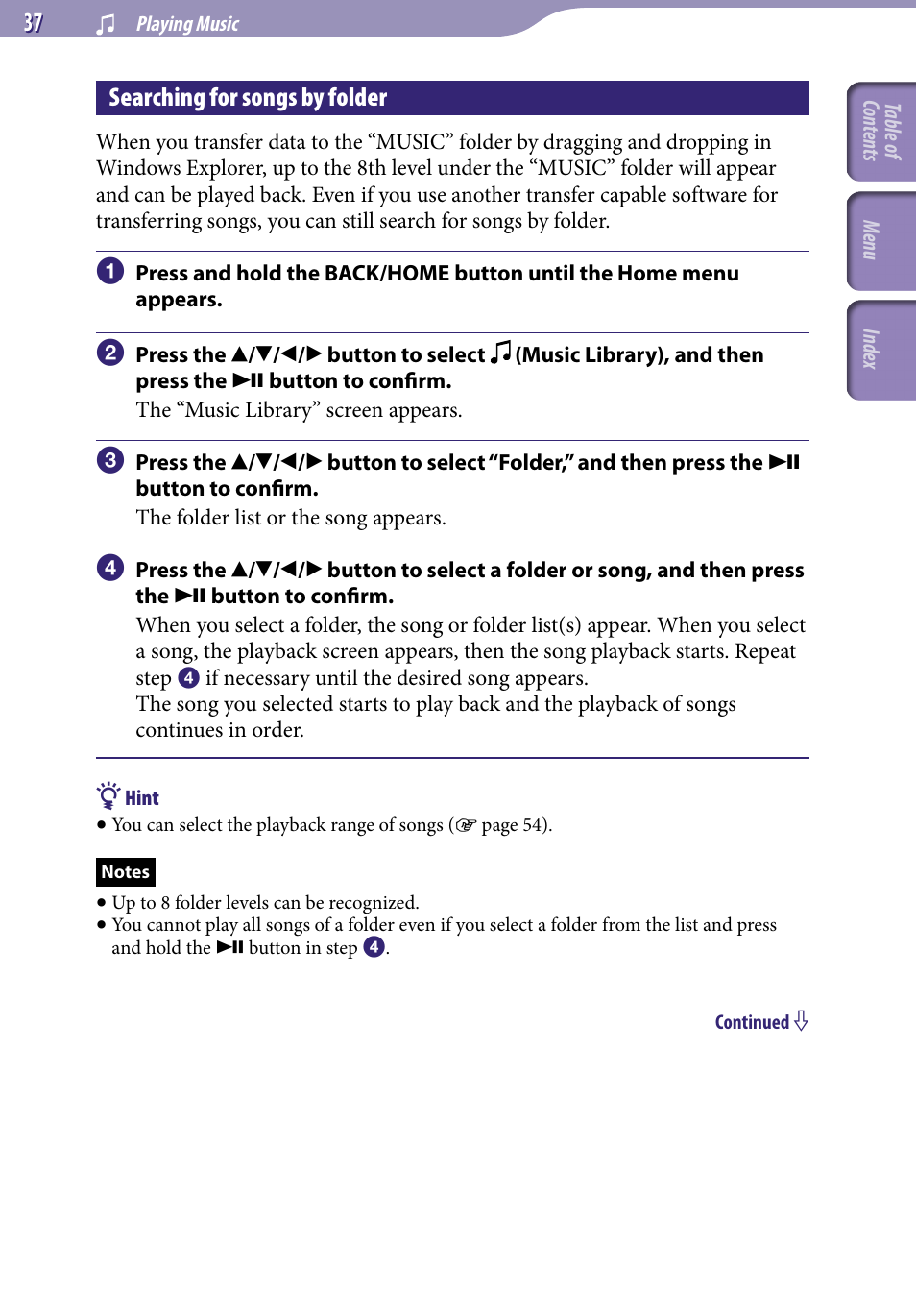 Searching for songs by folder, Folder | Sony NWZ-S738FBNC User Manual | Page 37 / 166