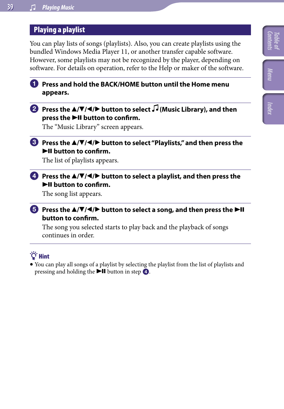 Playing a playlist, Playlists | Sony NWZ-S738FBNC User Manual | Page 39 / 166