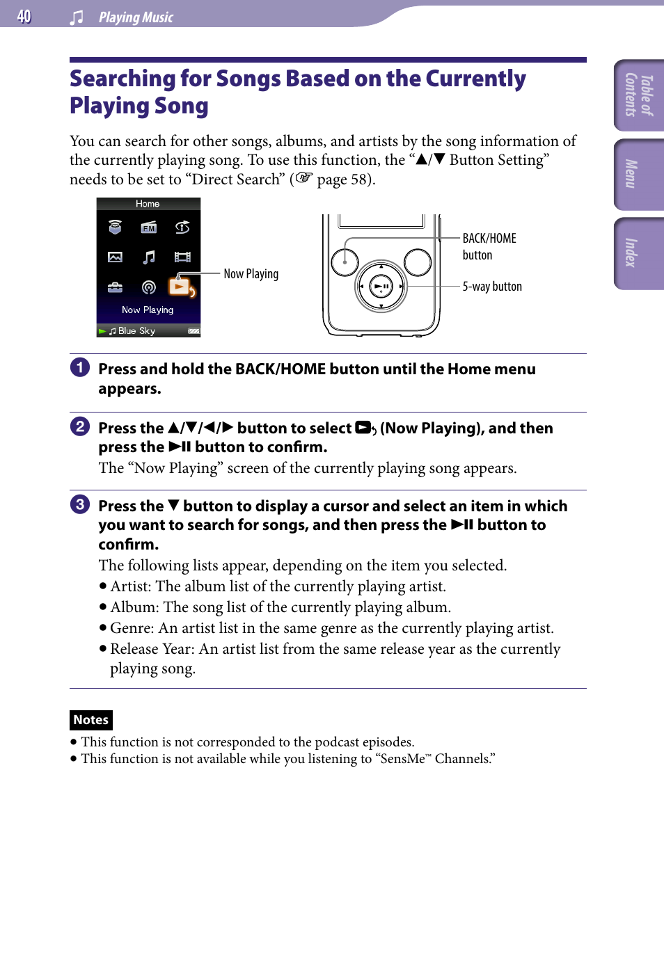 Searching for songs based on the, Currently playing song | Sony NWZ-S738FBNC User Manual | Page 40 / 166