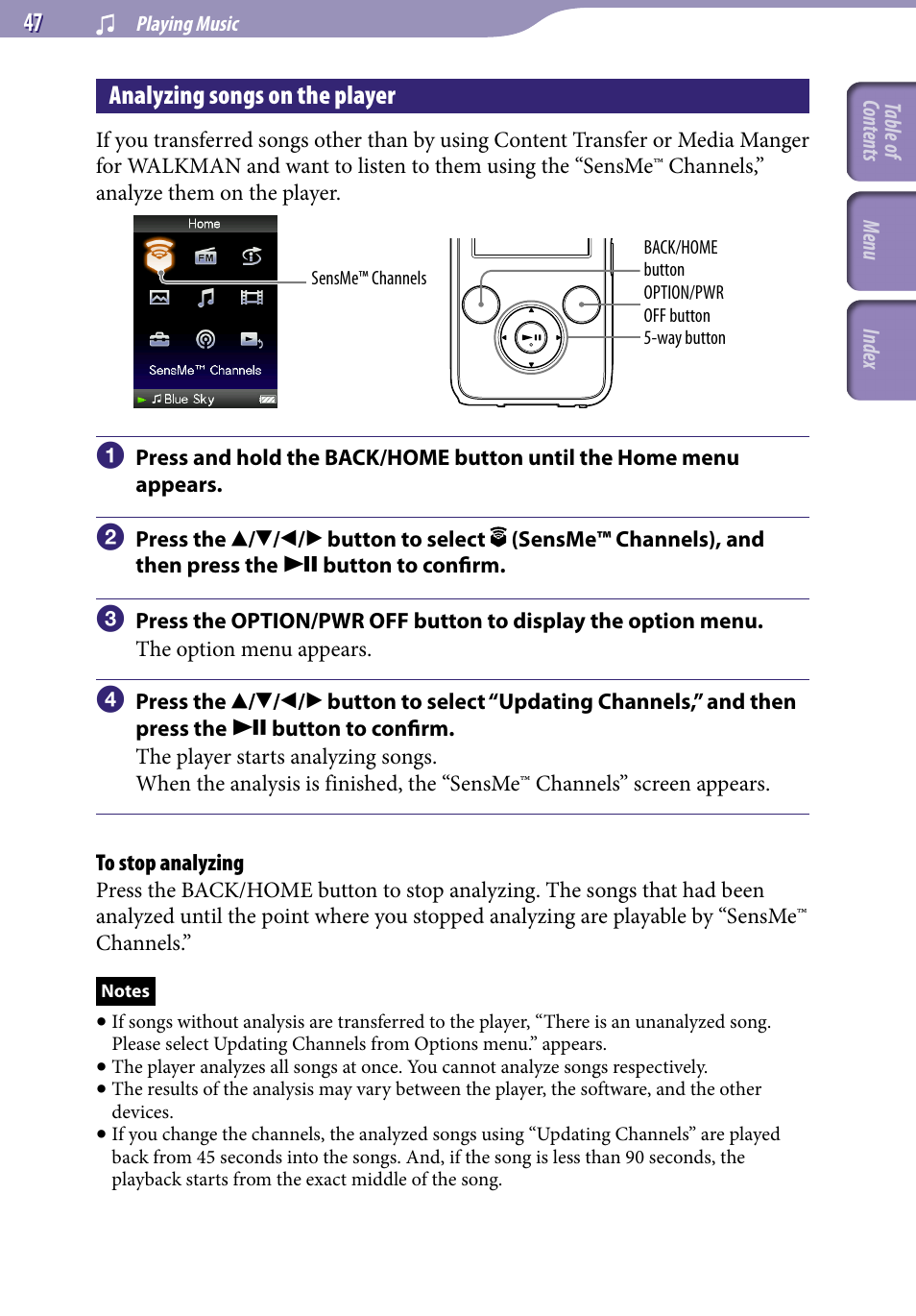 Analyzing songs on the player | Sony NWZ-S738FBNC User Manual | Page 47 / 166