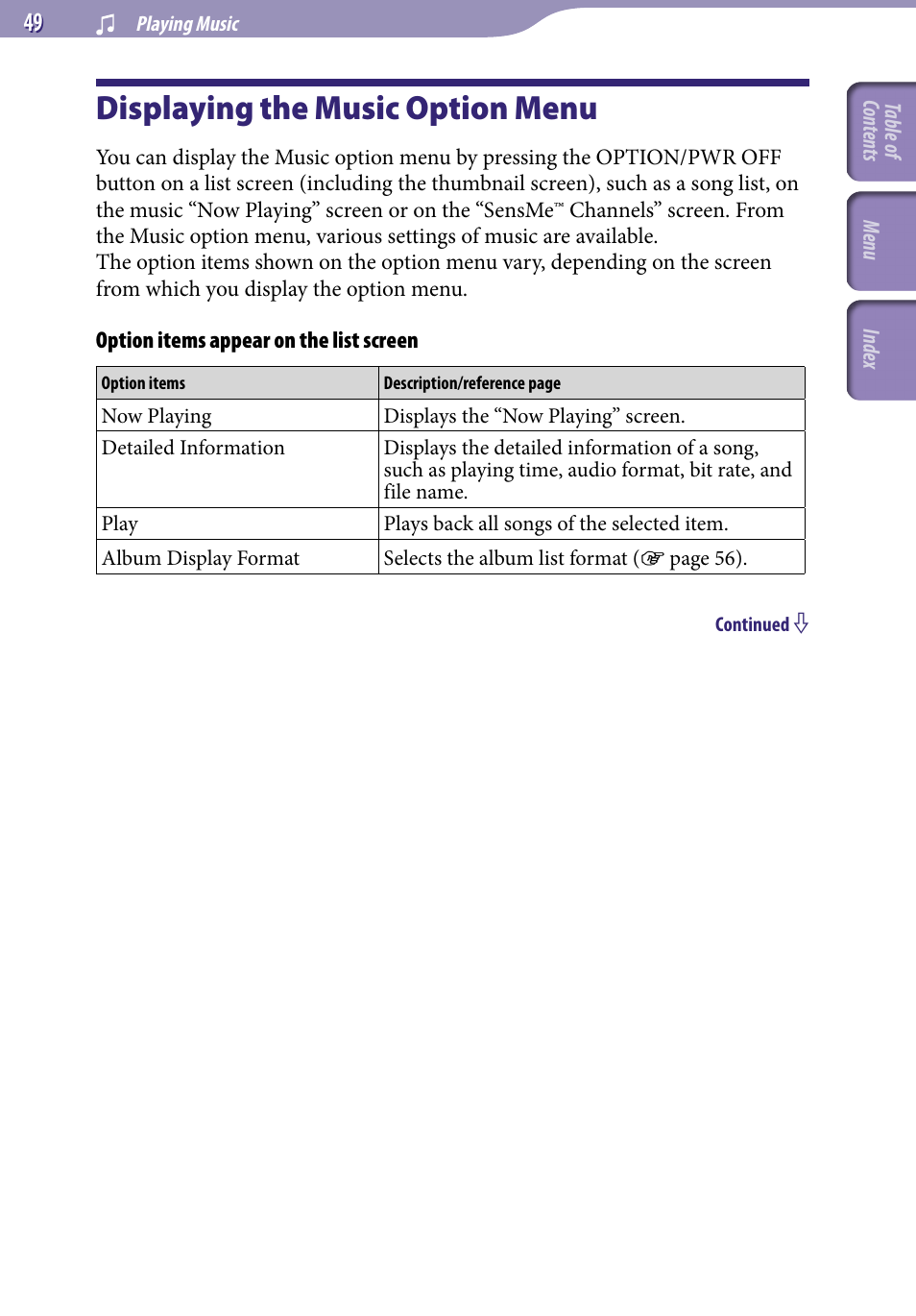 Displaying the music option menu | Sony NWZ-S738FBNC User Manual | Page 49 / 166