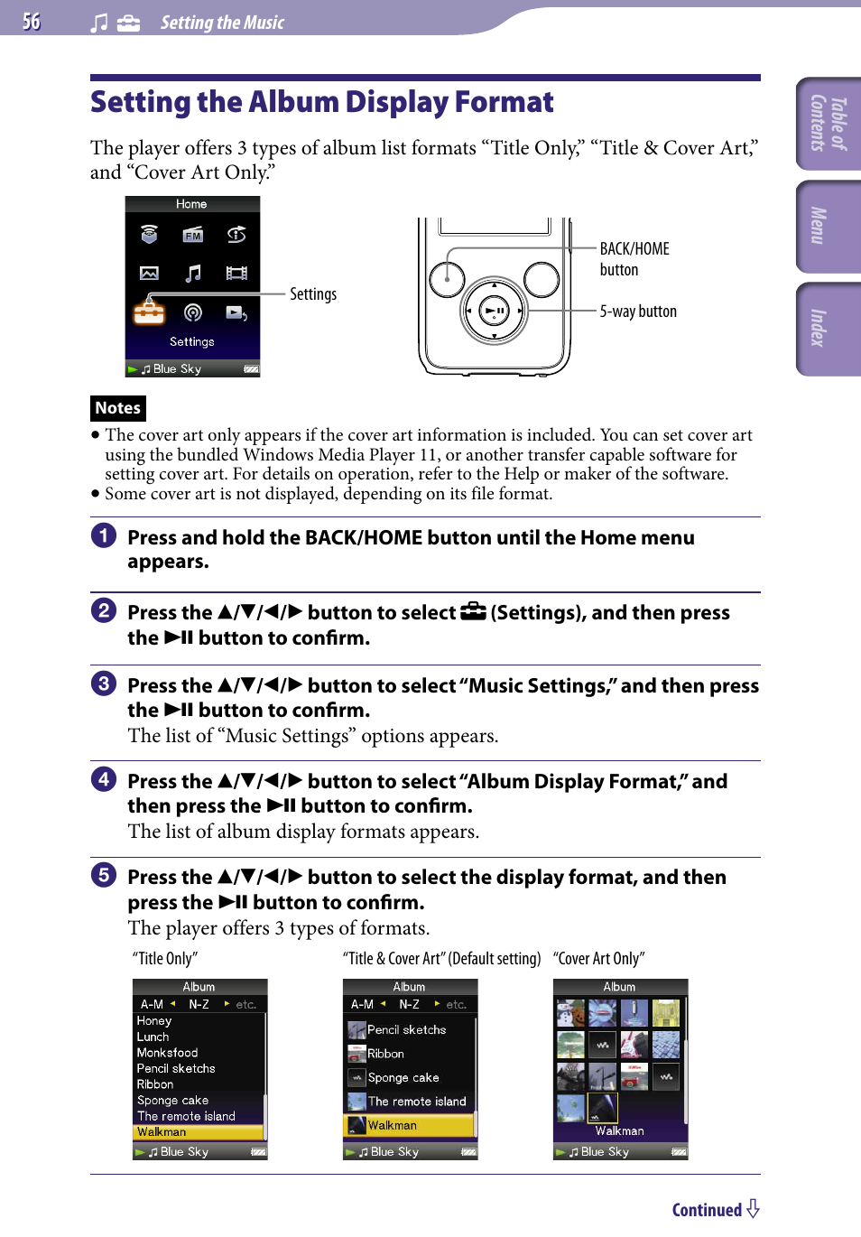 Setting the album display format, Album display format | Sony NWZ-S738FBNC User Manual | Page 56 / 166
