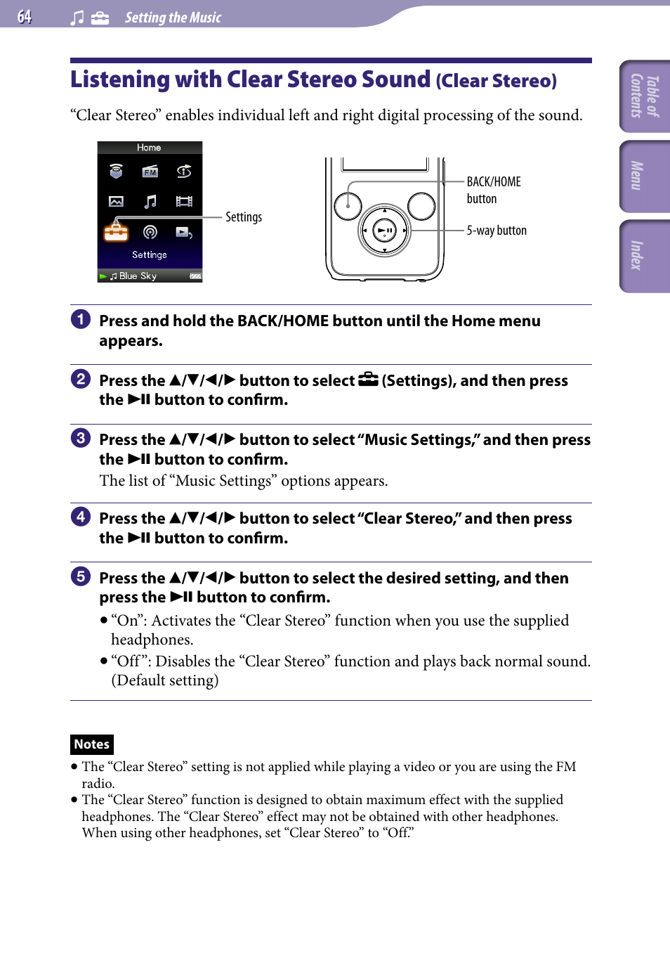 Listening with clear stereo sound (clear stereo), Listening with clear stereo sound, Clear stereo) | Clear stereo | Sony NWZ-S738FBNC User Manual | Page 64 / 166