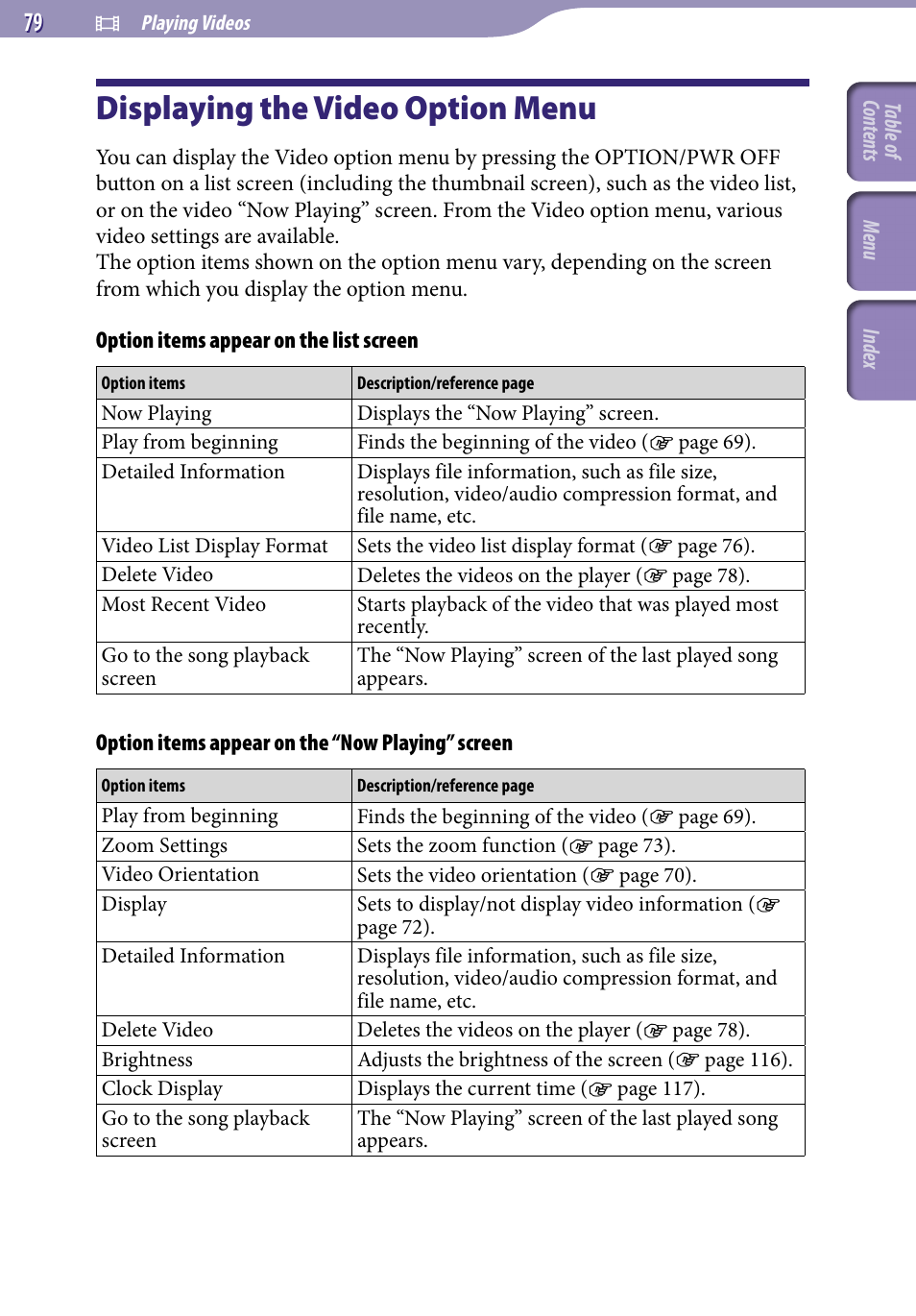 Displaying the video option menu | Sony NWZ-S738FBNC User Manual | Page 79 / 166