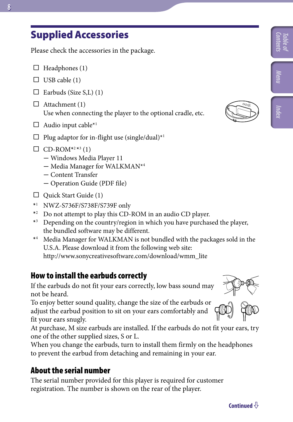 Supplied accessories, How to install the earbuds correctly, About the serial number | Sony NWZ-S738FBNC User Manual | Page 8 / 166