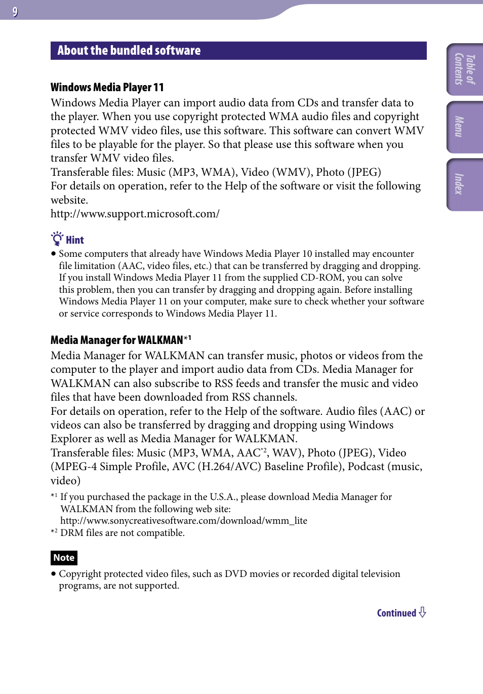 About the bundled software, About the bundle software | Sony NWZ-S738FBNC User Manual | Page 9 / 166