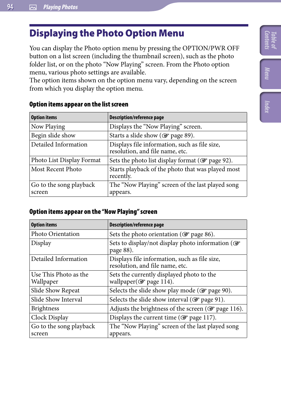Displaying the photo option menu | Sony NWZ-S738FBNC User Manual | Page 94 / 166