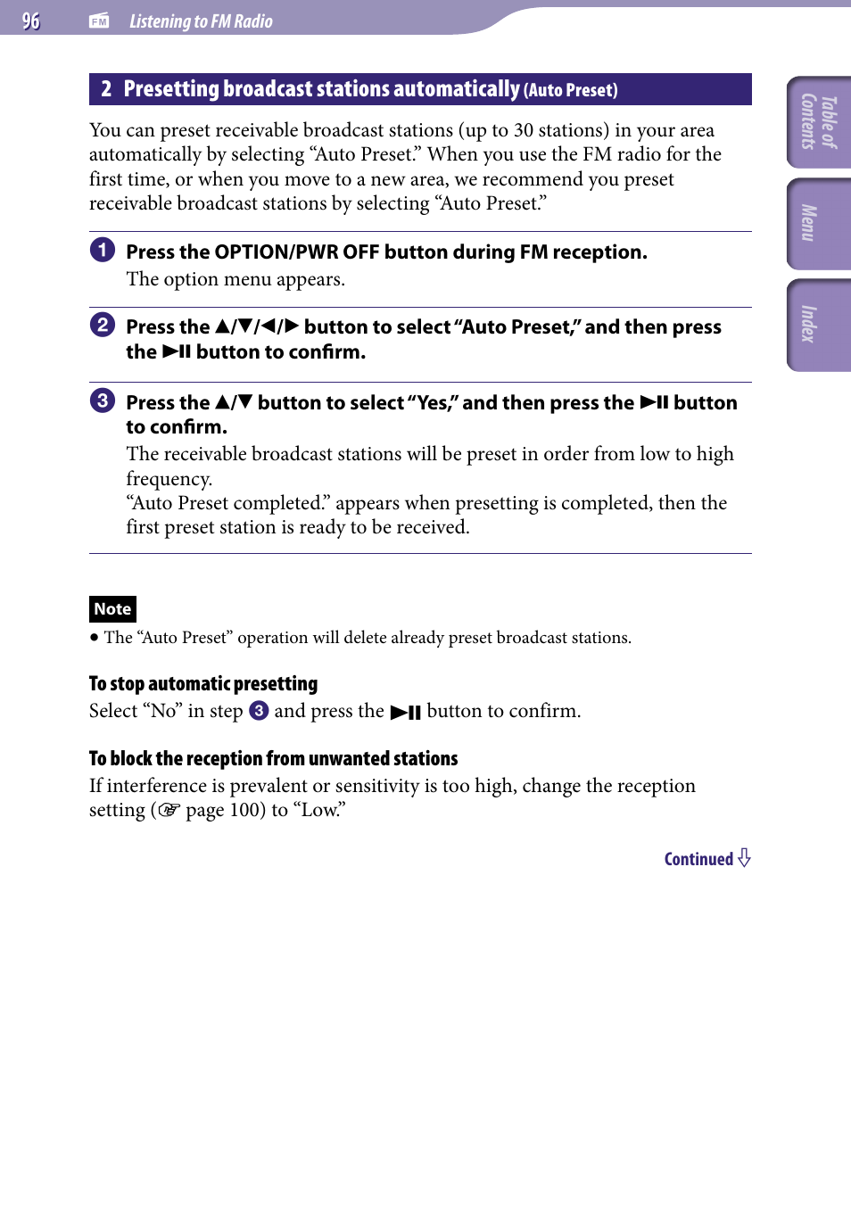 2 presetting broadcast stations, Automatically, Auto preset) | 2 presetting broadcast stations automatically | Sony NWZ-S738FBNC User Manual | Page 96 / 166