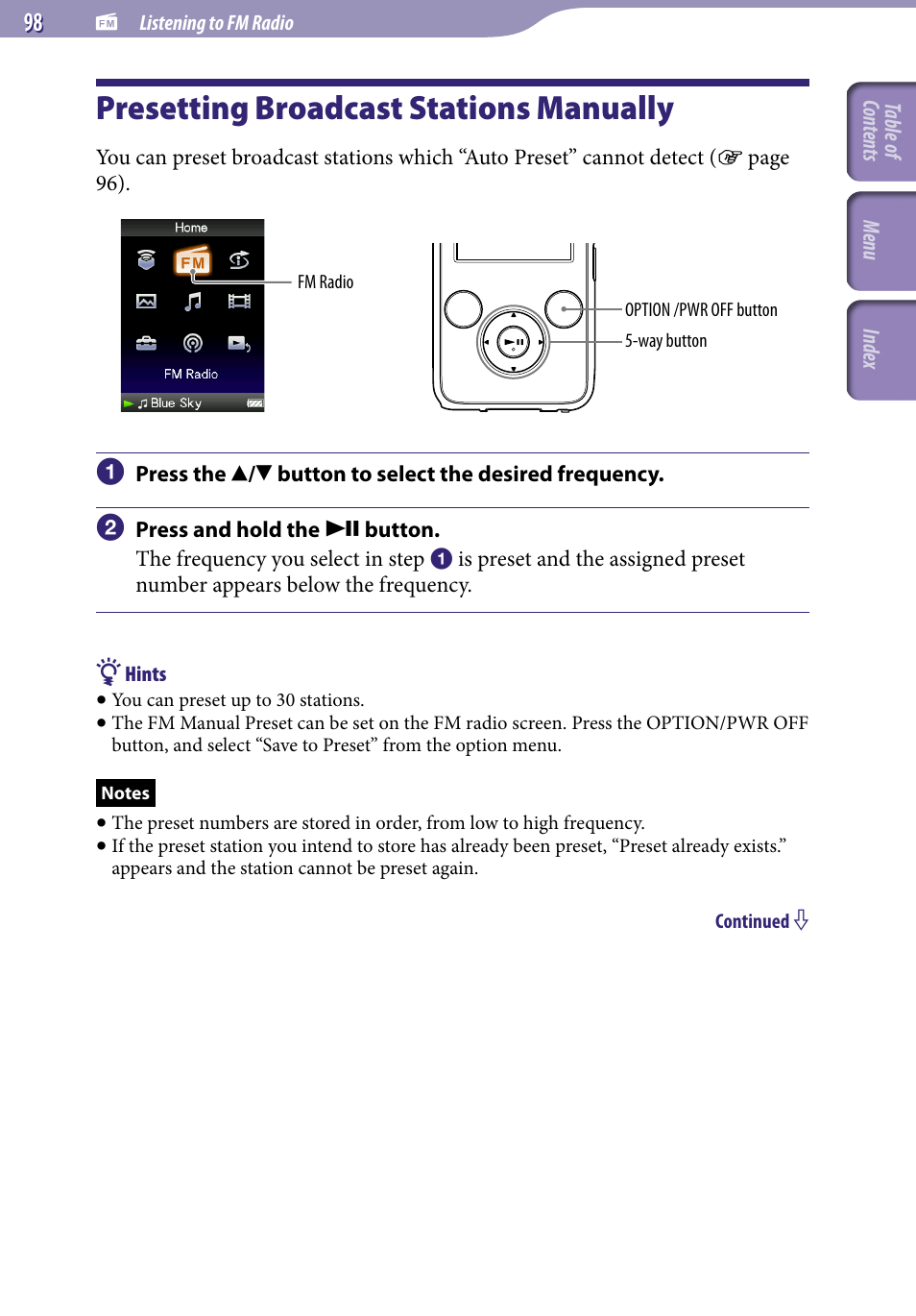 Presetting broadcast stations manually, Presetting broadcast stations, Manually | Sony NWZ-S738FBNC User Manual | Page 98 / 166