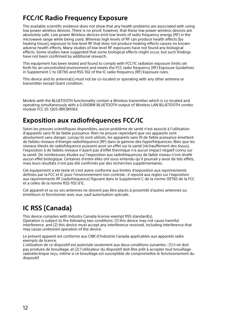 Fcc/ic radio frequency exposure, Exposition aux radiofréquences fcc/ic, Ic rss (canada) | Sony SVF14218CXW User Manual | Page 12 / 32