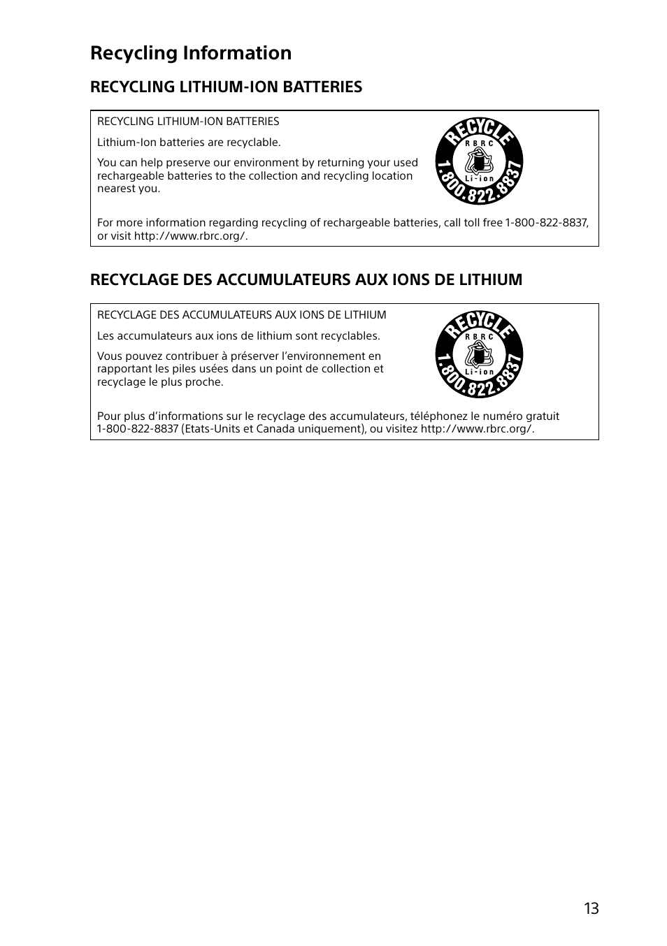 Recycling information, Recycling lithium-ion batteries, Recyclage des accumulateurs aux ions de lithium | Sony SVF14218CXW User Manual | Page 13 / 32