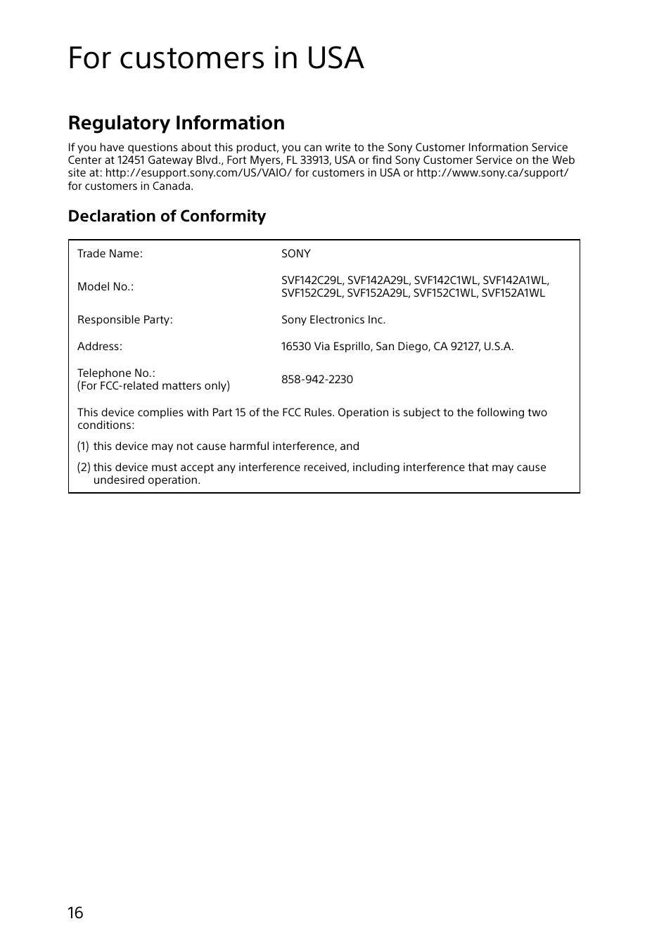 For customers in usa, Regulatory information, Declaration of conformity | Sony SVF14218CXW User Manual | Page 16 / 32