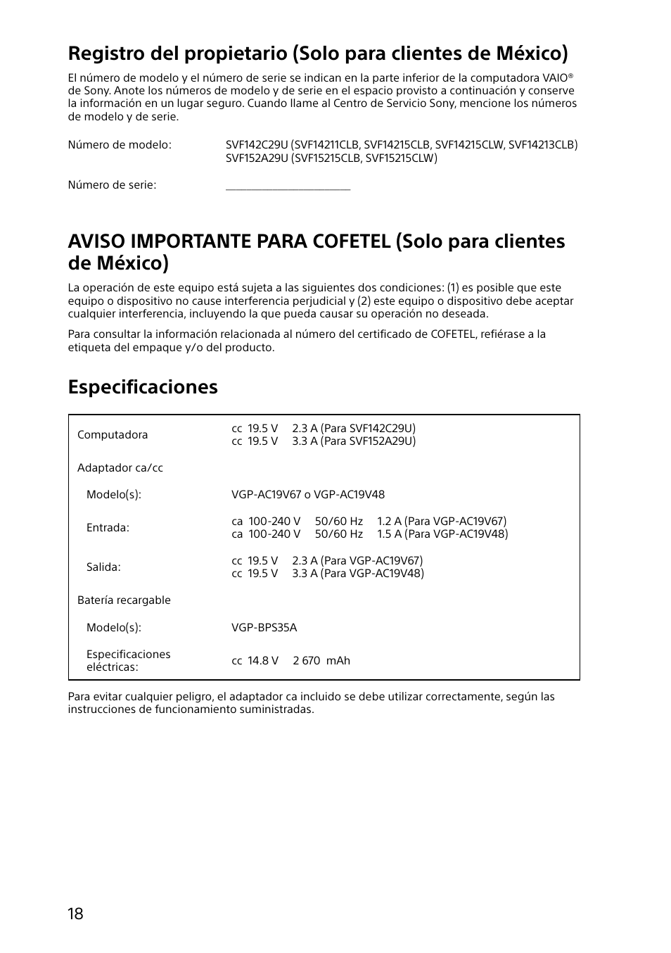Especificaciones | Sony SVF14218CXW User Manual | Page 18 / 32